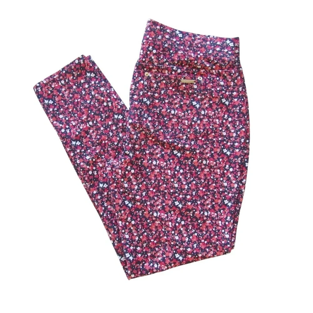 Michael Kors Ditsy Floral Leggings Pant Large Pink Blue Stretch Mid Rise Pull On